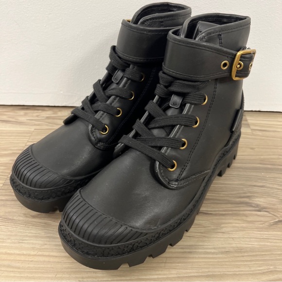 COACH TROOPER Mid Top LEATHER COMBAT BOOTS WOMEN SHOES CB068BLK NWOB $295 - Picture 1 of 9